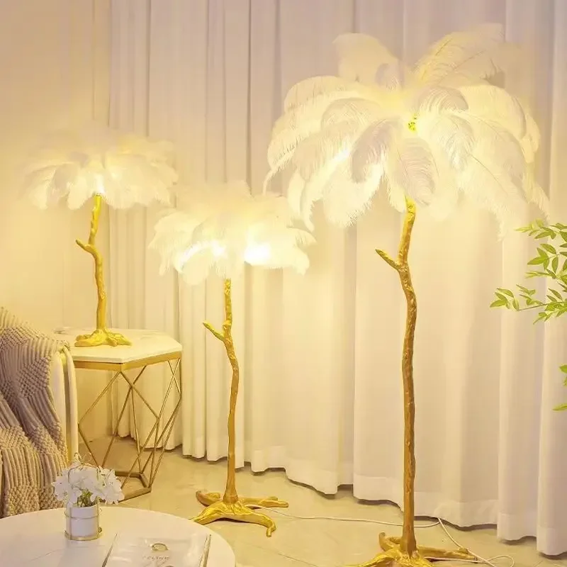 Nordic Ostrich Feather LED Floor Lamp Resin Copper Frame Standing Light Soft Glow Indoor Lighting for Living Room Bedroom
