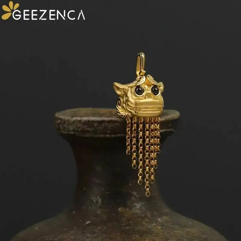 GEEZENCA 925 Silver 3D Auspicious Beast Long Tassels Pendant For Women Ethnic Unique Chic Necklace Pendants Without Chain Gift
