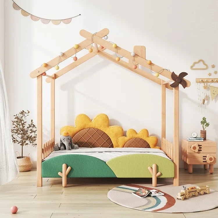 سرير أطفال بناتي من الخشب الصلب مع درابزين مكتب بيت شجرة مدمج بتصميم قابل للسحب بطول 1.5 متر #4