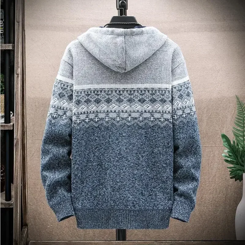 Men Hooded Cardigan Sweater 2024 Autumn Winter New Zipper Knitted SweaterCoat Stitching Colorblock Jackets Fashion Male Clothing