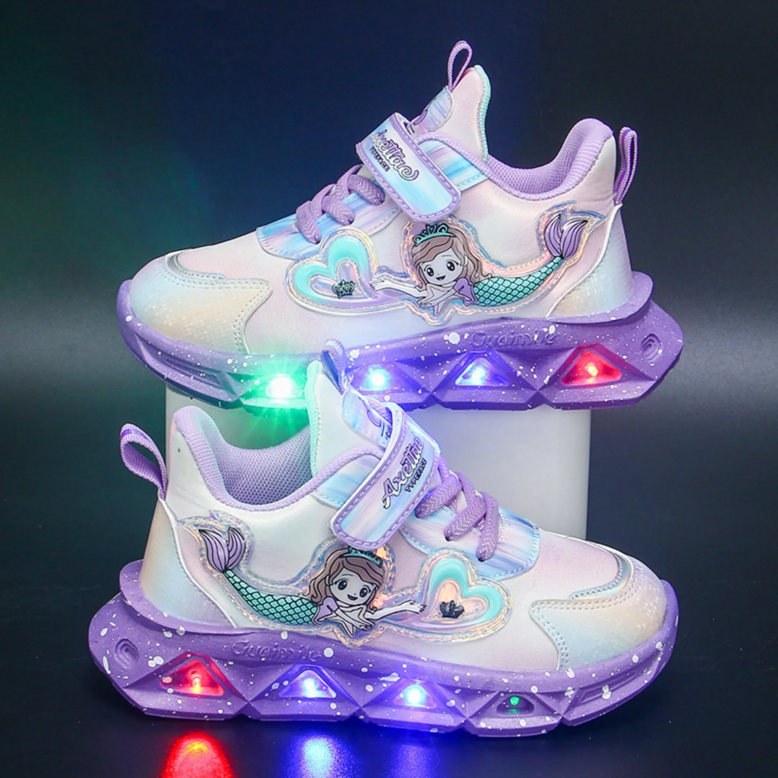 Kids Girls LED Sneakers Frozen Elsa Mermaid Princess Print Casual Shoes Children Lighted Non-slip Pink Purple Thick Sole Sneaker