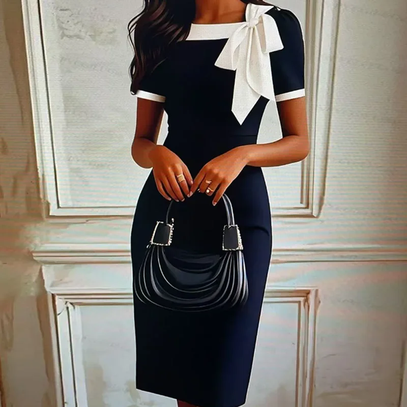 مثير التعادل حتى Bowknot س الرقبة فساتين الحفلات الربيع التباين اللون سليم Bodycon الوركين فستان المرأة قصيرة الأكمام المرقعة فستان صيفي