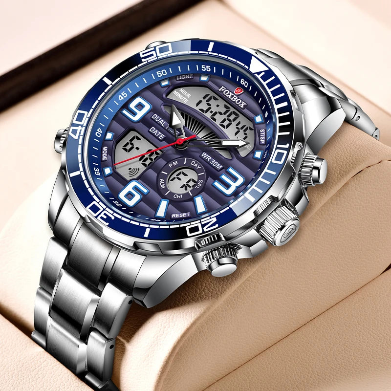 FOXBOX Fashion Military Watch for Men Luxury Original Sports Chronograph Watch ​Waterproof Quartz WristWatch Golden Clock