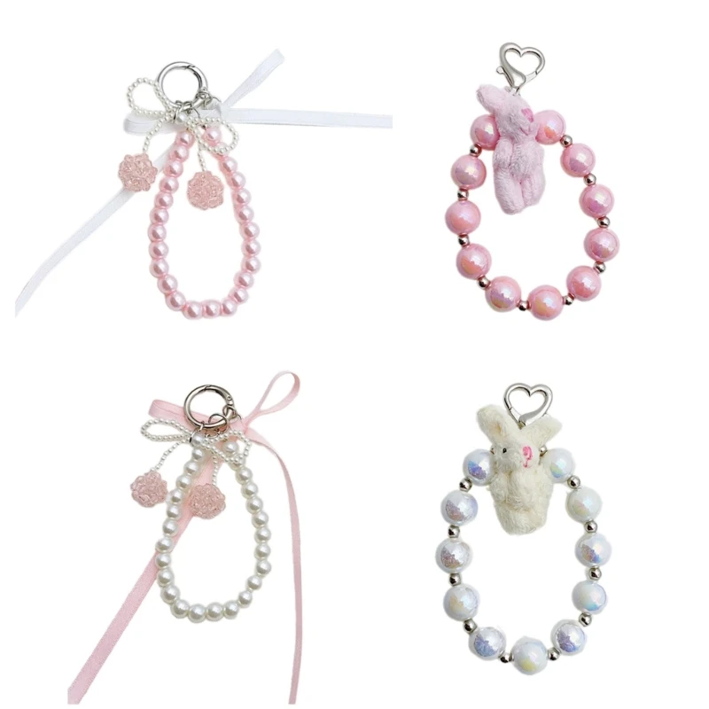 Elegant Pearl Bows Keychain Wrist Bracelet Pendant Multipurpose Handmade Jewelry Accessories for Bags Phones Household