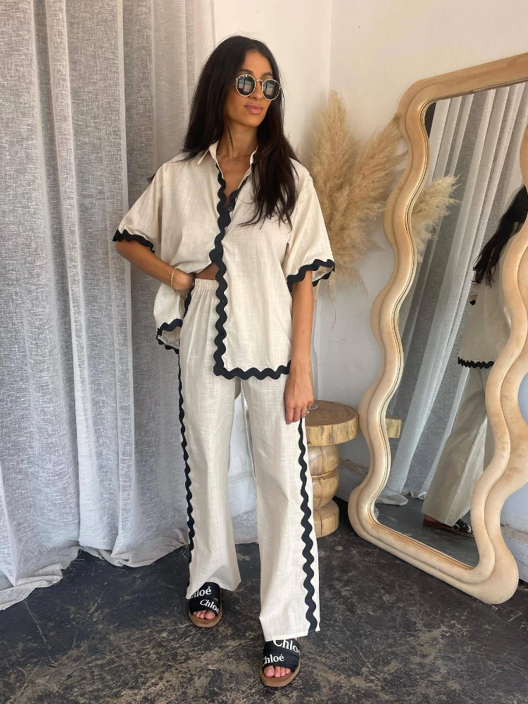 

2024 Summer Fashion Commuter Style Women's New Matching Collection Spliced Lace Solid Color Shirt Wide Leg Pants Two Piece Set