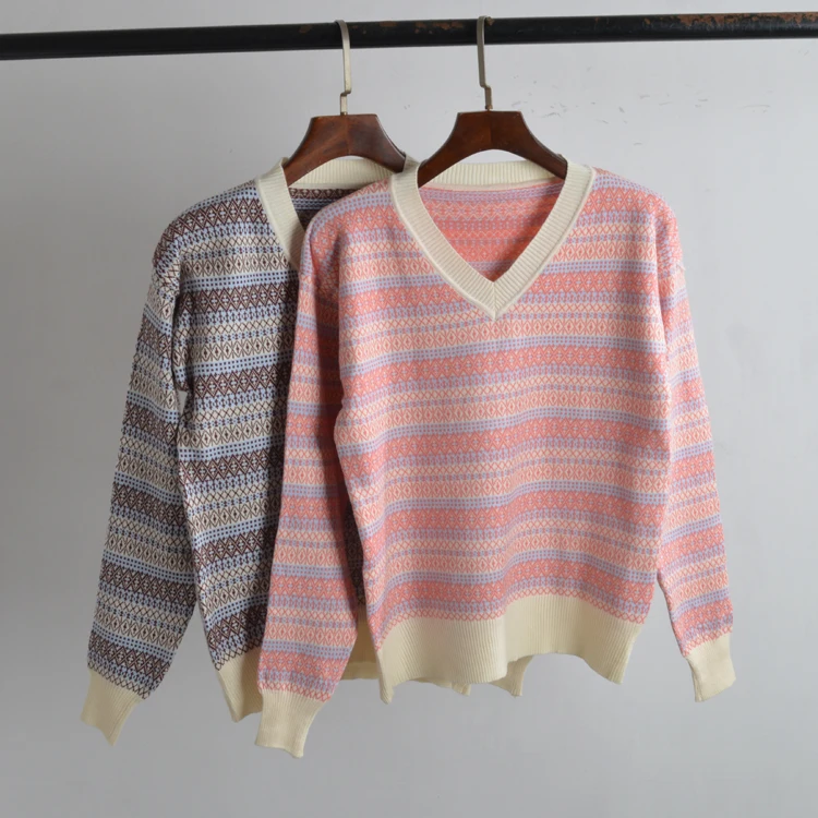 

Faionable V-Ne Knitted Long Sve Loose Top Women's Pullover Sweater Autumn Winter New Arrival Embroidered Loose Fit Top