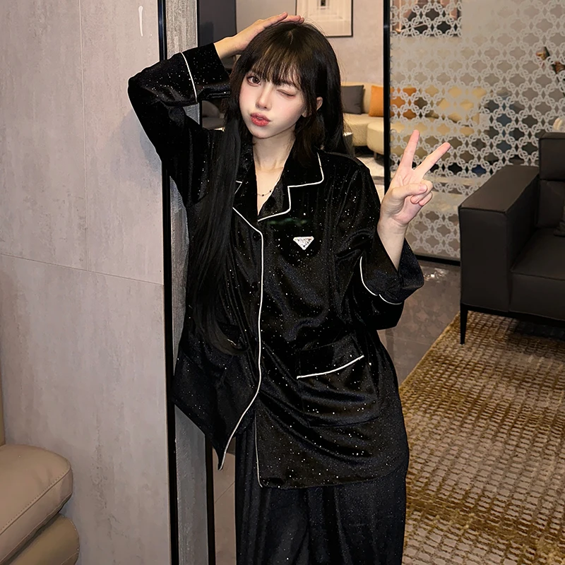 Autumn New Diamond Velvet Elegant Women's Sets Lapel Cardigan Outfits for Women 2 Piece Set Senior Black Luxury Women's Pajamas