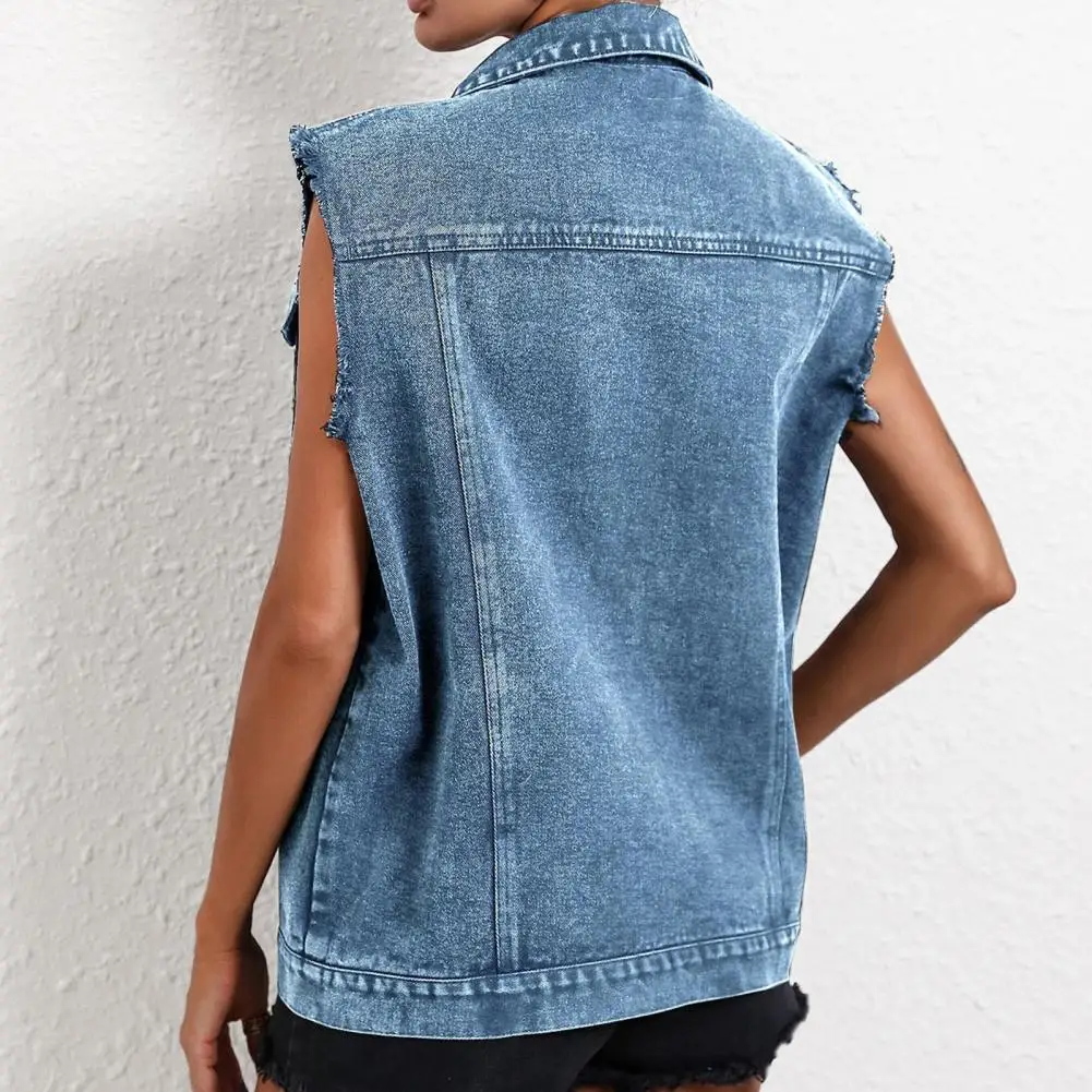 Soft Demin Vest Women Denim Vest Jacket Button Down Jean Waistcoat with Frayed Lapel Pockets Summer Lightweight Outerwear Button
