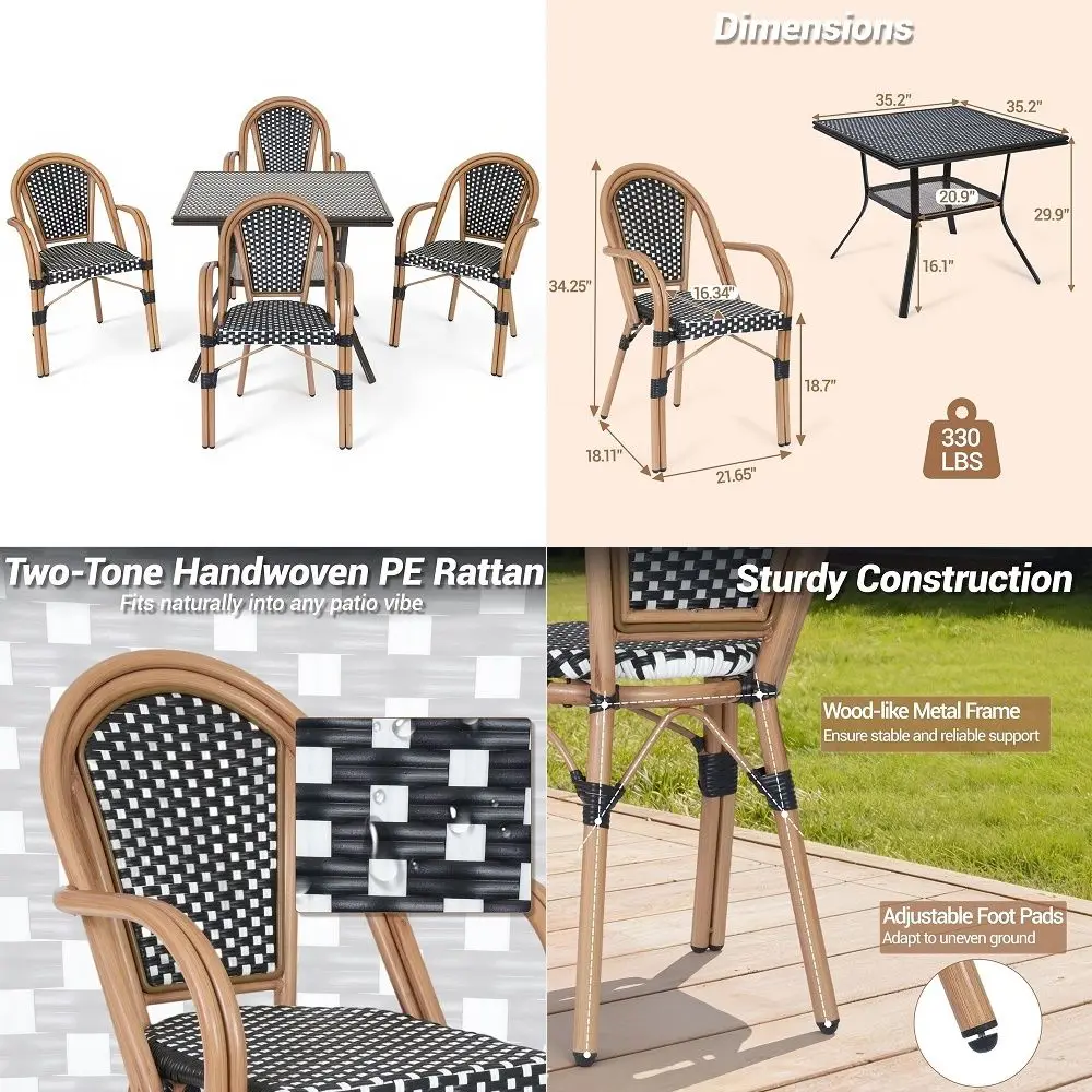 

Patio Dining Set, Outdoor French Country Bistro Table and Chairs, AllWeather Wicker Round Table amp 2 Chairs w Armrests amp Met