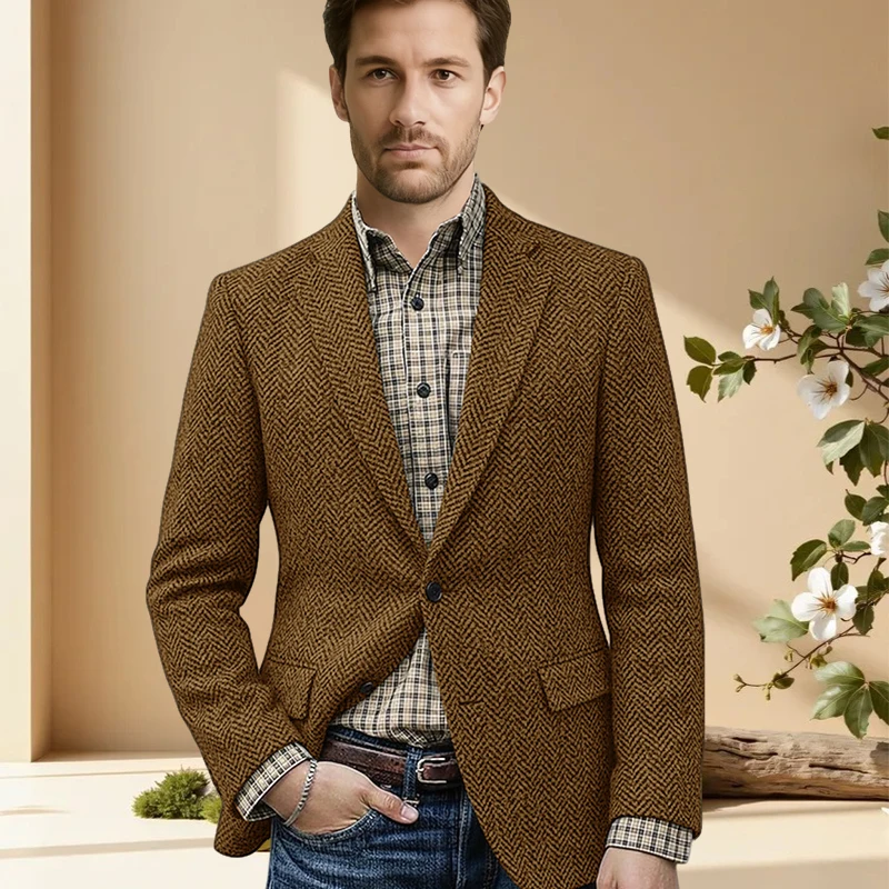 

Retro herringbone men's suit coat collar single breasted slim fit tailored male jacket business casual banquet man Blazer