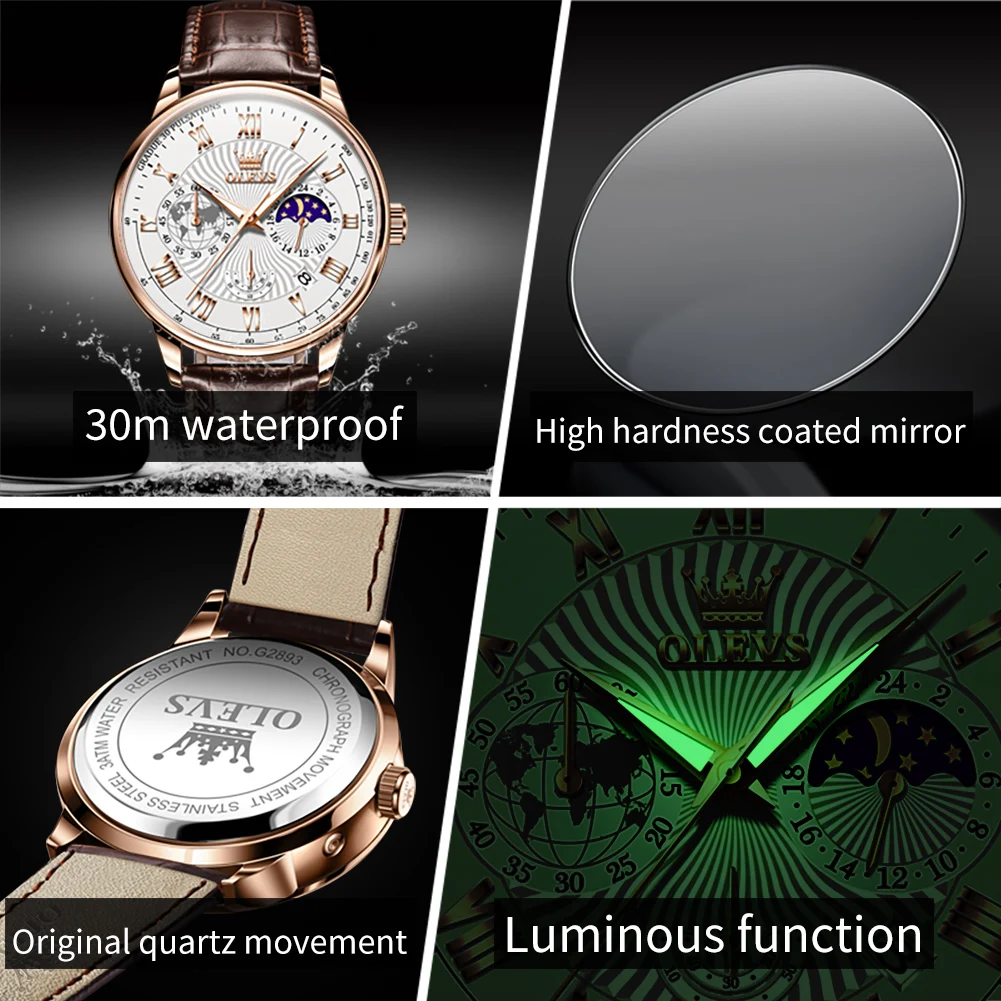 OLEVS Brand New Fashion Chronograph Quartz Watch for Men Luxury Leather Multifunction Moon Phase 24 Hours Luminous Mens Watches