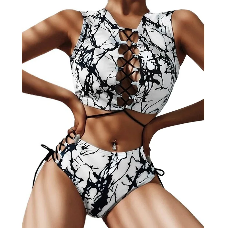 2026 Black White Tie Dye Side Tie Bikini Set Women Push Up Two Piece Swimsuit Sexy String Swimwear Beach Vacation Summer Outfits