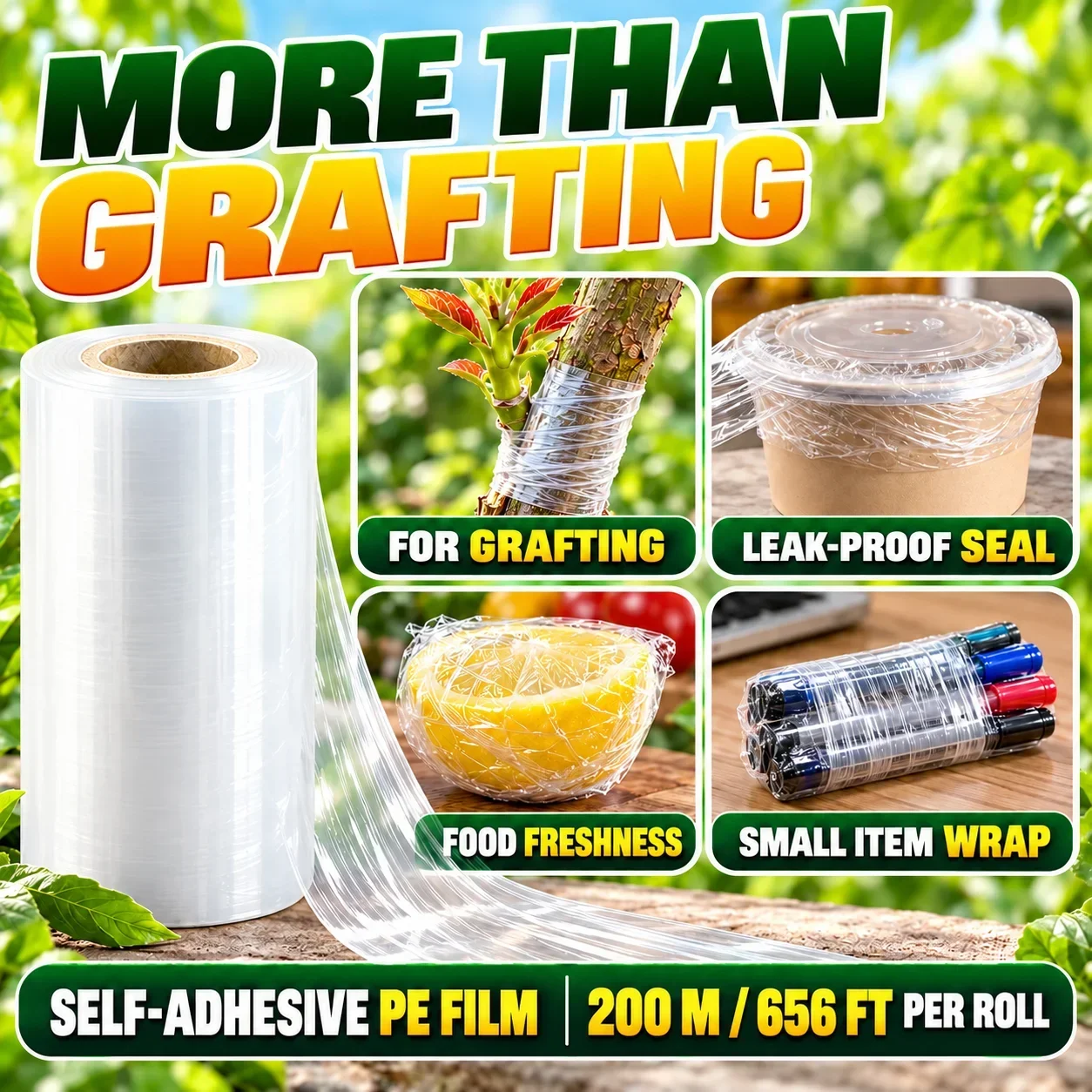 PE Self-Adhesive Grafting Film Stretch Wrap Tape for Fruit Trees Budding Nursery Garden 3-12cm 200M After Stretching Waterproof