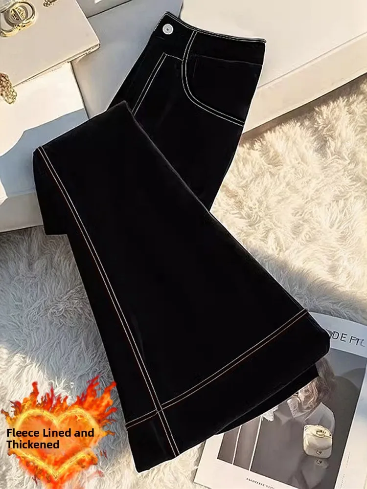 

Женские брюки-клеш с высокой талией из утолщенного черного бархата, повседневные, облегающие, для поездок на работу, весна 2026