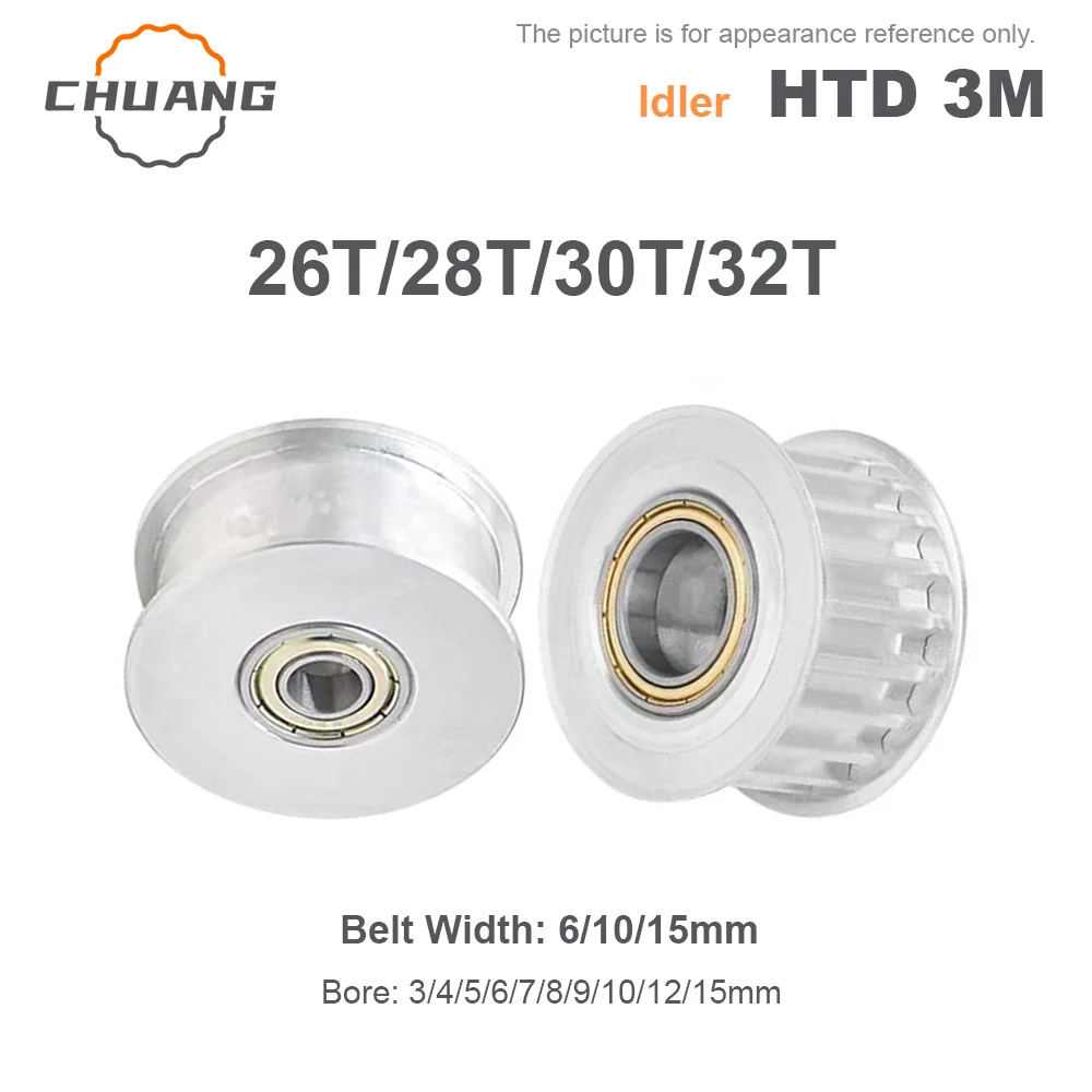 

Idler HTD 3M 26T/28T/30T/32Teeth Pulley Tensioner Bore 3-15mm Fit Belt Width 6/10/15mm 3M Bearing Guide Synchronous Wheel