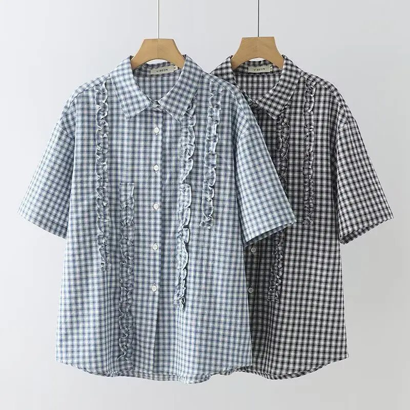 

Japanese Vintage Mori Gilr Check Plaid Ruffled Cotton Shirts Women Summer New Turn Down Collar Short Sleeve Casual Loose Blouse