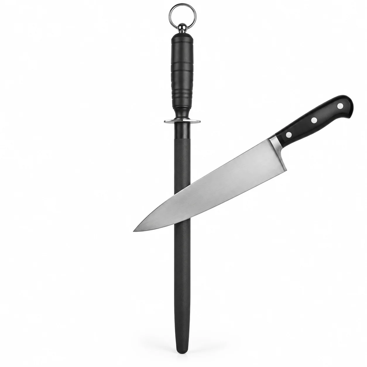 Professional Butcher Sharpening Rod - Black Steel Commercial-Grade Tool For Chef/Kitchen Knives | Instant Edge Restoration