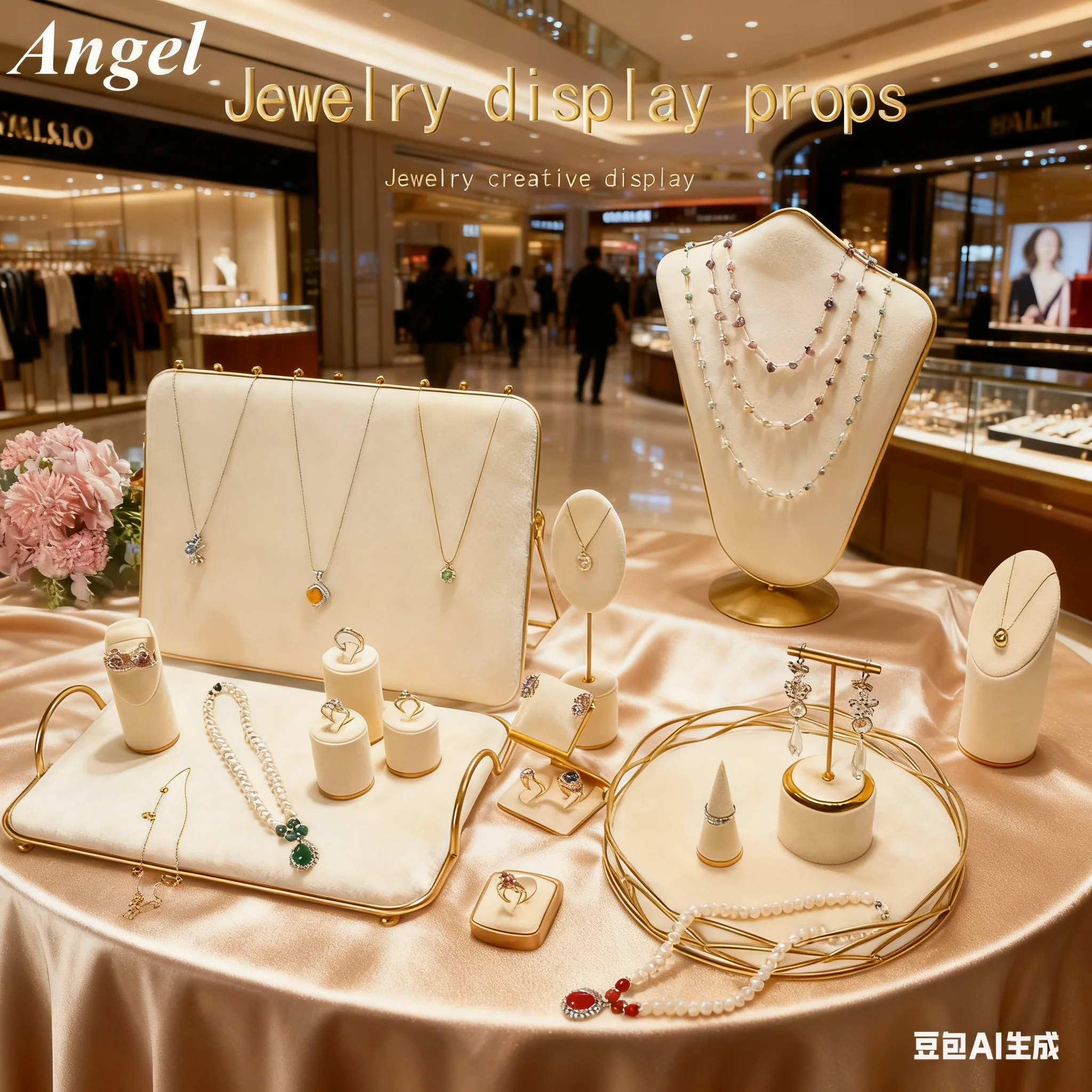 

Jewelry Display Set, Brushed Metal & Beige Velvet Stand for Photo Styling of Rings Necklaces Pendants