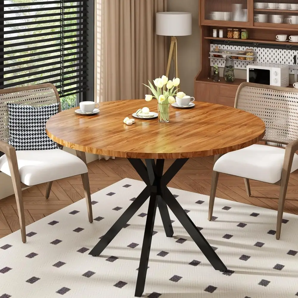 

Mid-Century Modern Round Dining Table for 4-6, 39 Coffee Table with Black Metal Legs, Space-Saving for Kitchen or Office