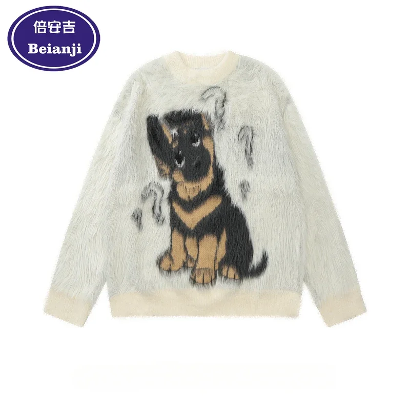 Beianji men's sweater ins American puppy jacquard lazy style thickened winter oversize soft waxy sweater