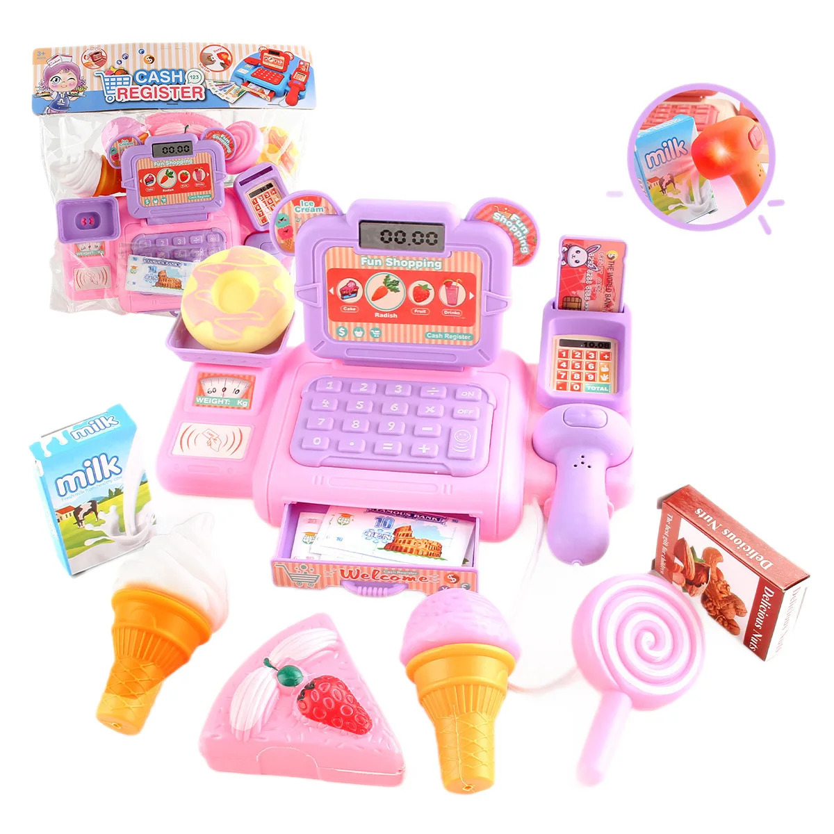Kinderen spelen thuis speelgoed elektrische simulatie supermarkt kassa cartoon set met verlichting geluidseffecten berekening