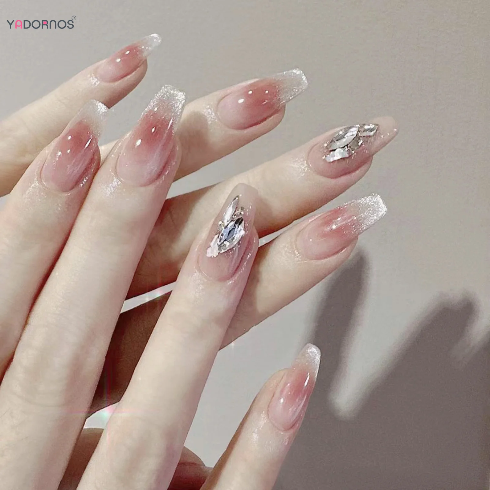 Handmade Blush Pink Unhas Postiças, Glitter Cat's Eye, Pressione nas unhas com desenhos brilhantes de strass, capa completa, unha Wearabe, 10pcs