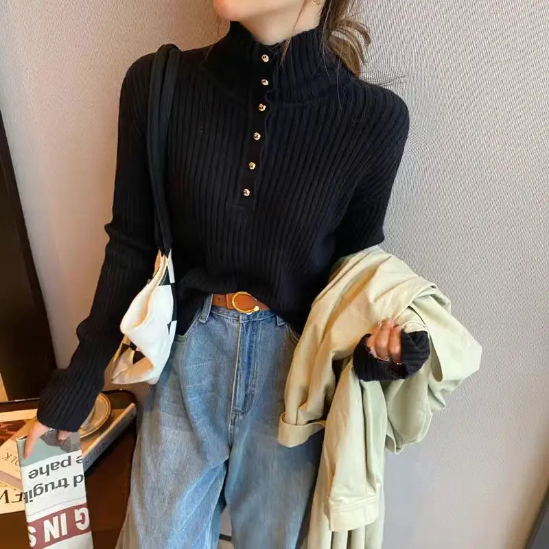 Autumn Winter New Fashion Half High Collar Long Sleeve Solid Pullovers Women\'s Clothing Button Korean Simplicity Knitting Tops