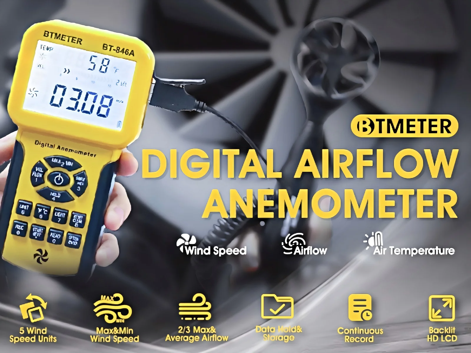 Professional Digital Anemometer 846A with Backlight, Data Hold&600 Record,for Duct Testing,Ventilation, Outdoor Wind Speed Gauge