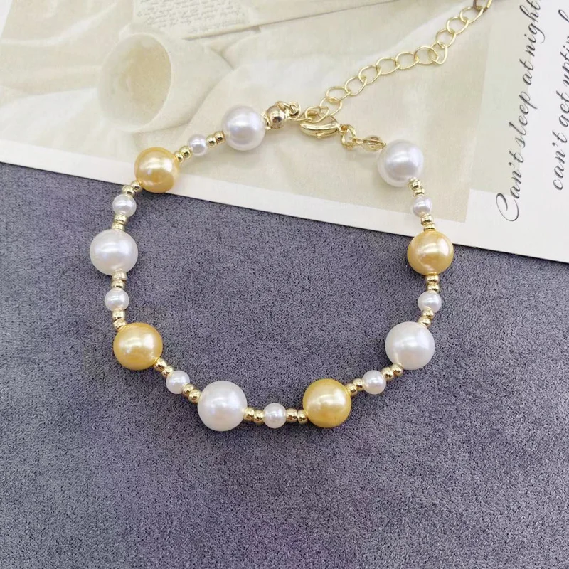 Vanifin Classics Simple Bracelet 8mm White link  Yellow Pearl  For Women's Fashion Everyday Versatile Jewelry