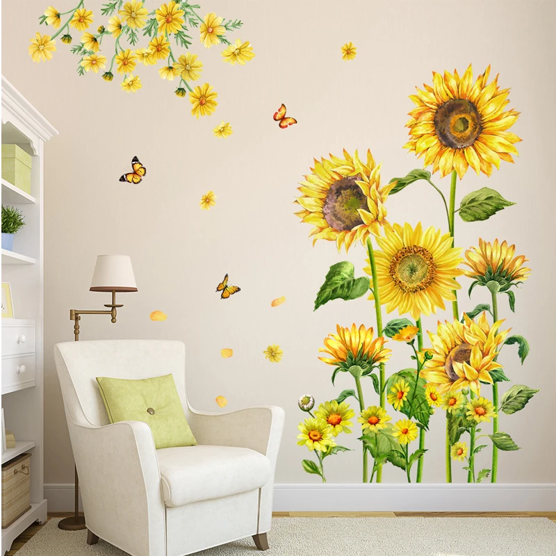 New Sunflower Butterfly Living Room Bedroom Background Decoration Self adhesive and Removable PVC Wall Sticker