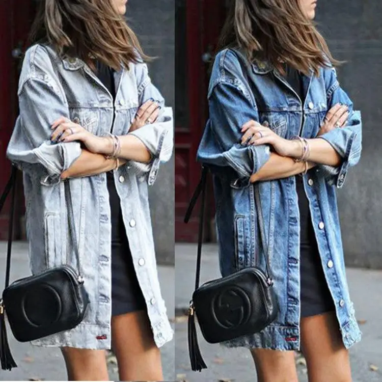Fashionable Loose Denim Jacket Mid-Length Coat Open-Back Design Cotton Material  Color Suitable for Middle-Aged Women
