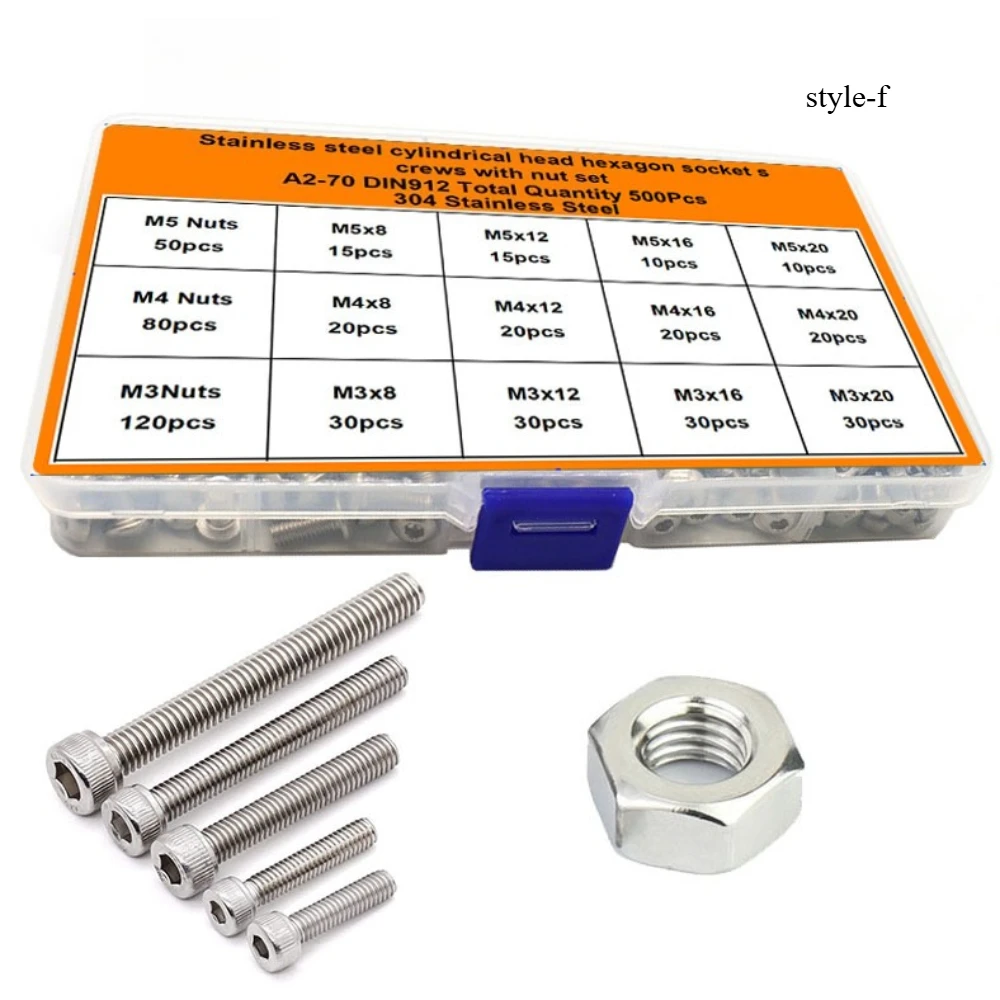 Small Metric Screws Suitable for 3D Printer DIY Stainless Steel M3 M4 M5 Screw and Nut Assortment Hex Socket Head Cap Screws Nut