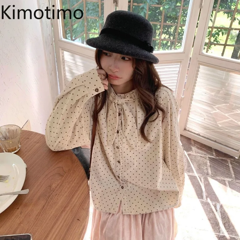 Kimotimo French Polka Dot Lace Up Shirt Women 2026 Autumn Casual Loose Button Up Long Sleeve Tops Vintage Sweet Fashion Blouse