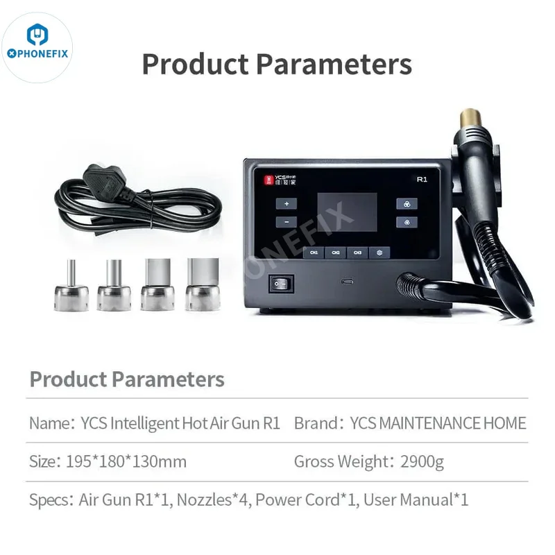 Qianli & YCS R1 Smart Hot Air Gun 1000W Soldering Station with 5MM/10MM/12x17MM/13x13MM 4 Nozzles for iPhone PCB BGA Chip Repair