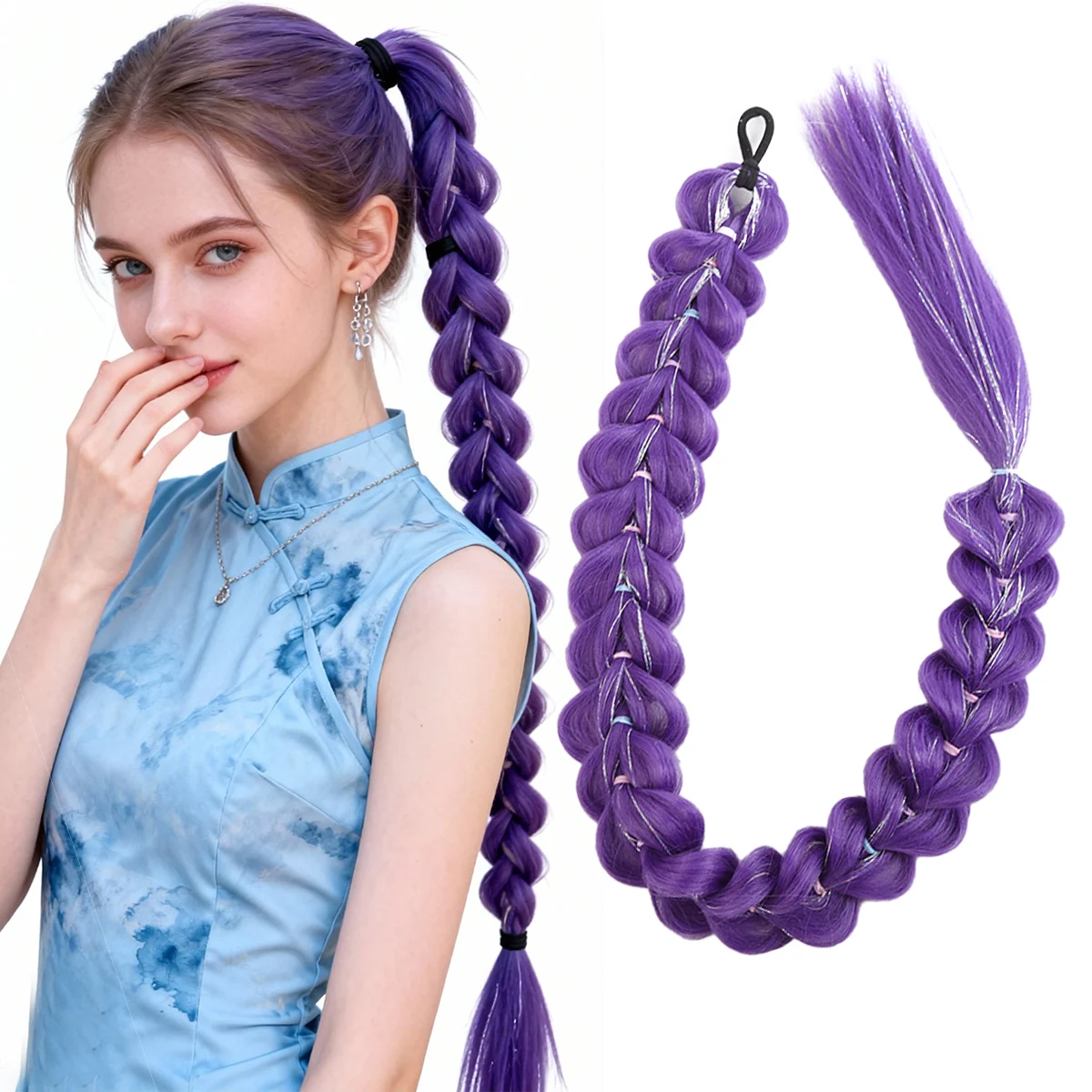 

Синтетический парик-хвост в стиле K-pop, фиолетовый, с эффектом помутнения, большой плетеный парик, золотистое шелковое кольцо для волос, парик из химического волокна, плетеный хвост