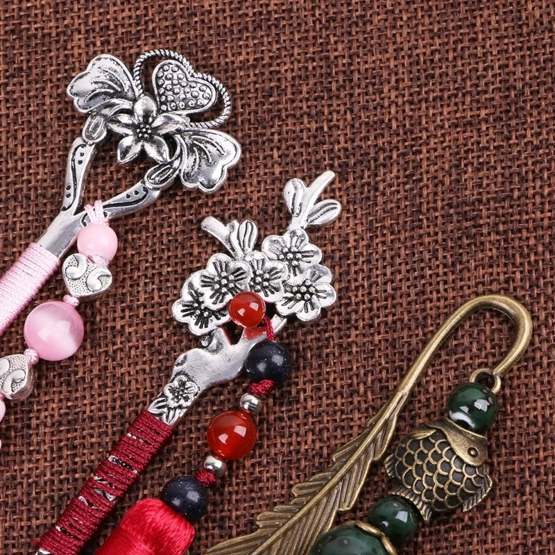 Chinese Style Vintage Antique Metal Bookmark Handmade Weave Long Tassel Beads Traditional Book Mark School Office Supplies