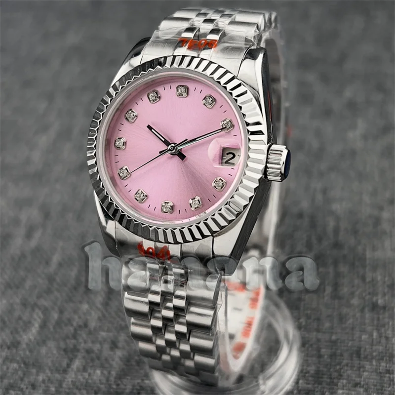 Ladies' wristwatch 31mm NH15A movement mechanical water-resistant watch pink red dial sapphire glass silver grooved fixed bezel