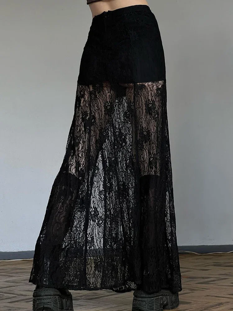 

IAMSURE Elegant Sexy Patchwork Lace Split Skirt Slim See Through High Waisted Maxi Skirts Women 2023 Summer Fashion Streetwear