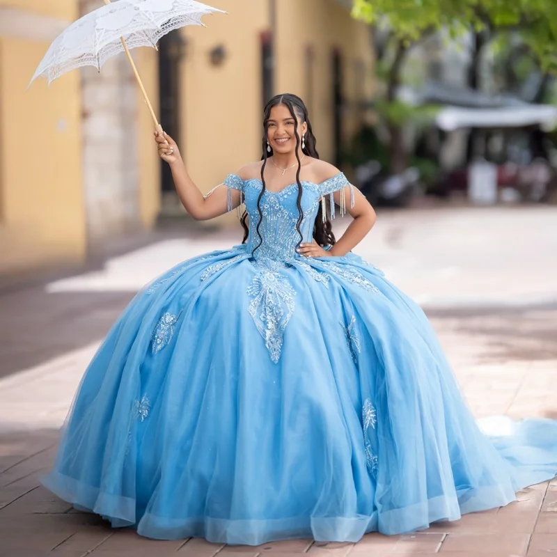 

Sky blue Quinceanera Dress off-shoulder Lace crystal glitter decal Long tail vestidos de 15 Quinceanera ﻿Customize