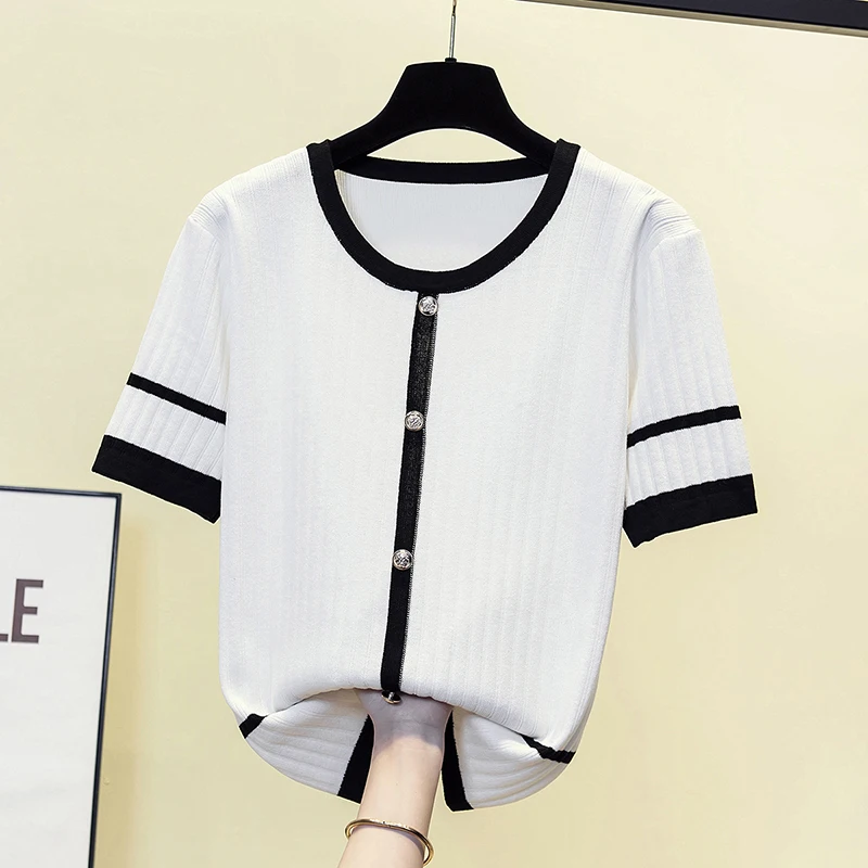 Large size women Summer basic sweater pullover loose casual button Button Patchwork thin Robi kint female jumper sweaters top