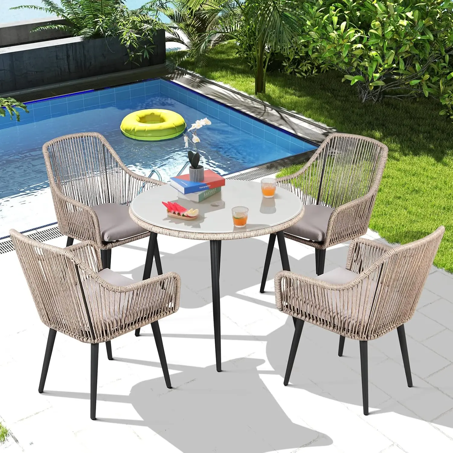 

5pc Rattan Patio Dining Set All-Weather Cushioned Chairs Glass Table Umbrella Hole Outdoor Garden, Customized