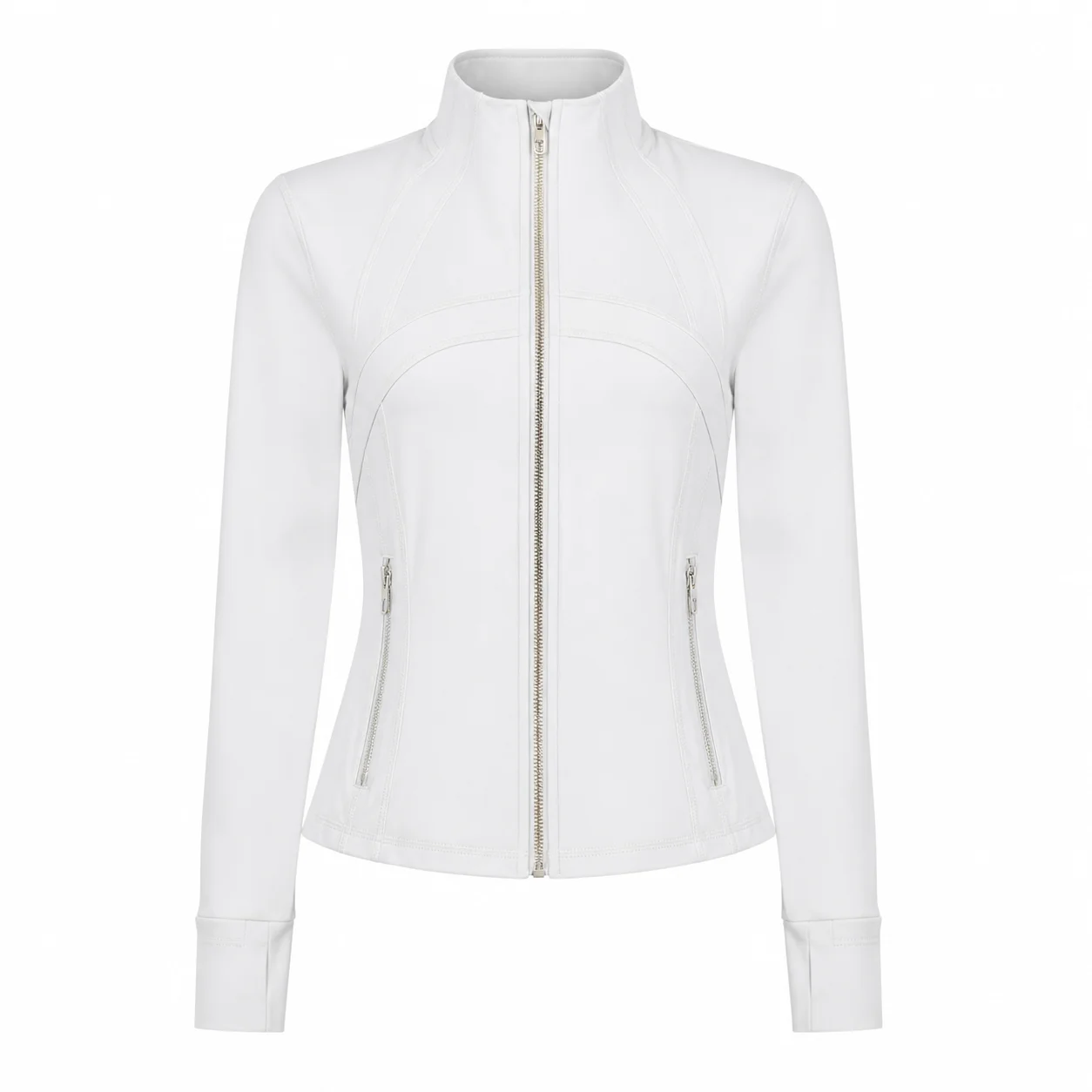 Women's White Slim Fit Full Zip Sports Jacket Stand Collar Long Sleeve Thumbhole Workout Running Yoga Outerwear