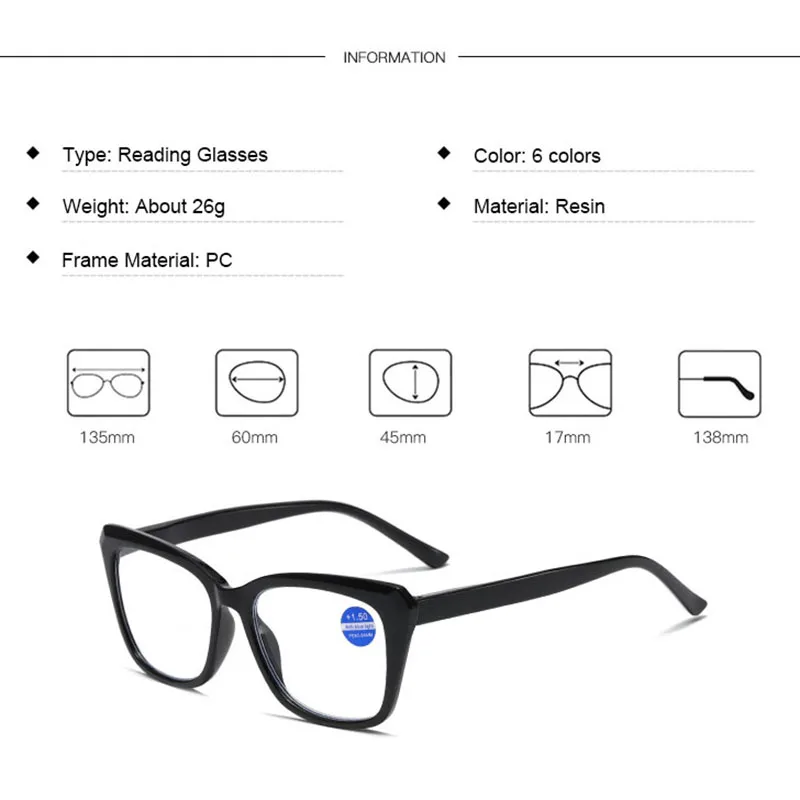 Ahora Oversized Transparent Reading Glasses Anti Blue Light Blocking Presbyopia Computer Eyewear +1.25+1.75+2.0+2.25+2.5+2.75