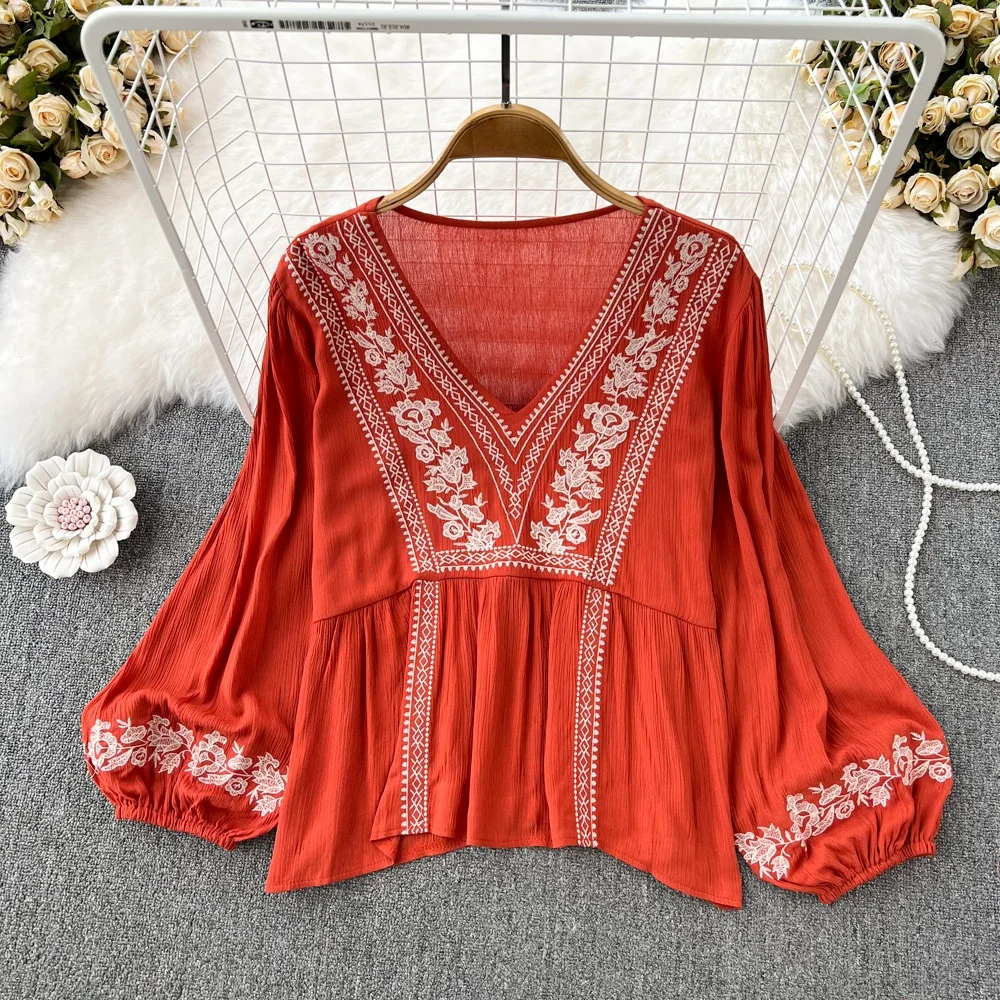 

Retro Ethnic Loose V-Ne Embroidered Color Blo Waist Cinched Cotton Linen irt Fre Sle Women's Top Korean Commute Sle