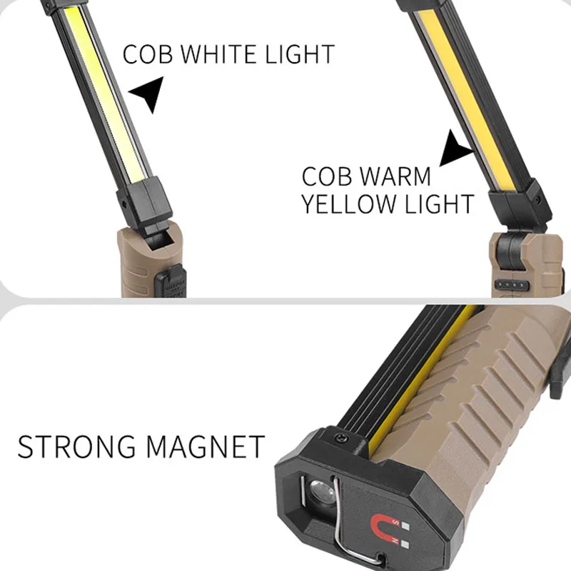 15W COB LED Pocket Emergency Flashlight 1200-800mA USB-C Work Light Cordless Magent Garage Inspection Lamp 180° Camping Torch