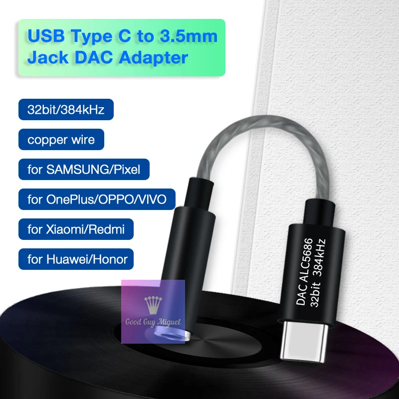 Adaptador USB tipo C a 3,5mm para auriculares, conector DAC de 32 bits y 384KHz, Realtek ALC5686, Redmi para SAMSUNG, Huawei, Honor Pixel, Win10