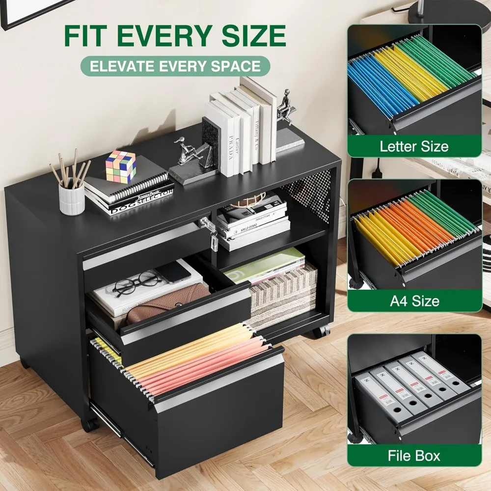 Secure 3-Drawer Metal File Cabinet with Lock, Mobile Lateral Filing System, Printer Stand Storage Cabinet with Shelves for Home