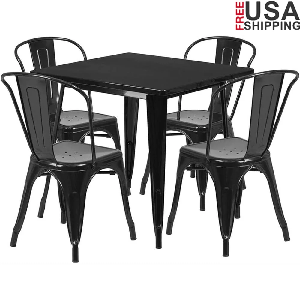 

31.5 Inch Square Metal Dining Table Set with 4 Stackable Chairs Outdoor Indoor Commercial Use