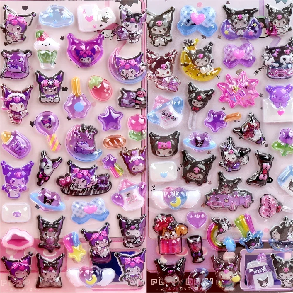 Luminous Cute Sanrio 3D Relief Stickers Kawaii Girls Kuromi Cinnamoroll My Melody Crystal Decals Kids Decoration Sticker Packs
