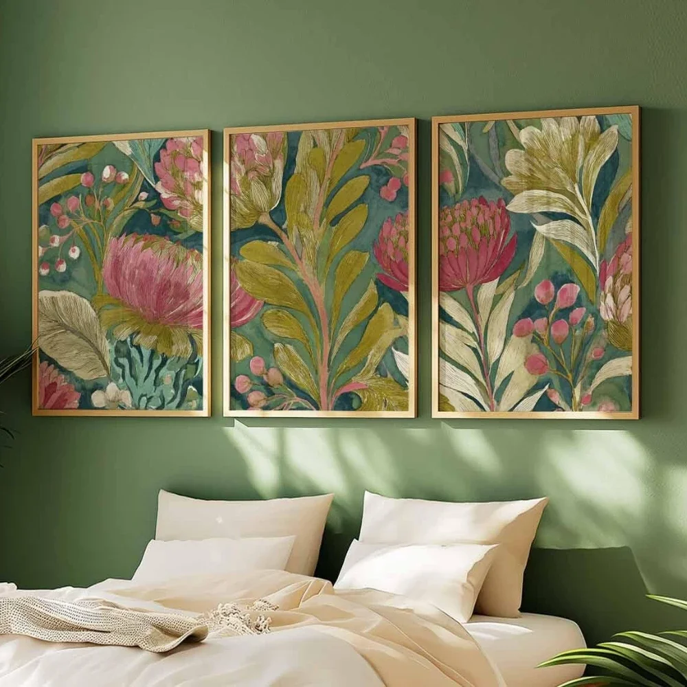 Multiple sizes 3pcs frameless Canvas Painting Botanical Wall Art Set of 3 Vintage Protea Floral Prints Green and Pink Nature Art